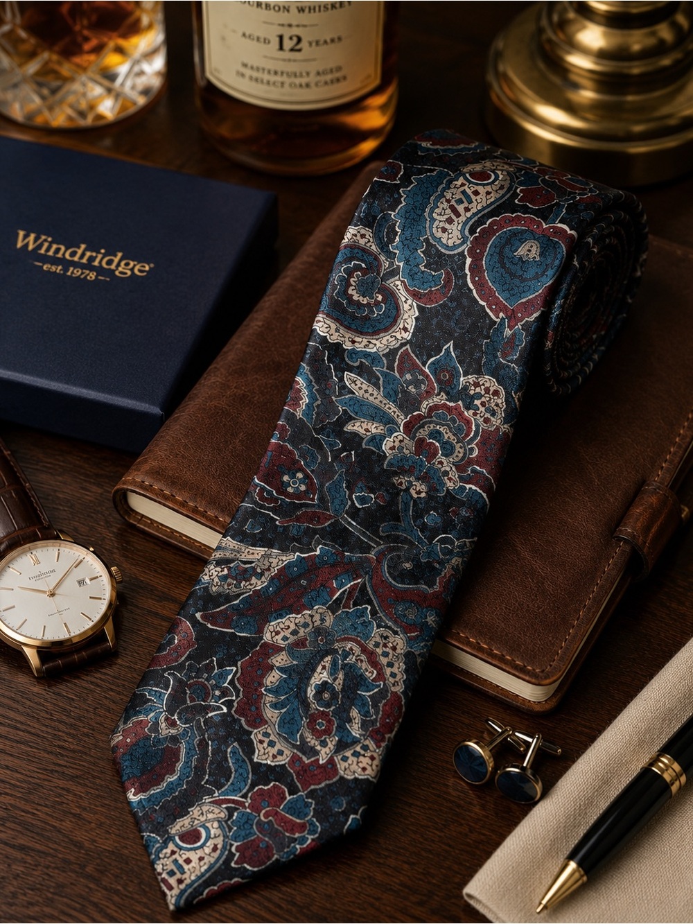 Windridge Navy Paisley Silk Tie with Blue & Burgundy Accents